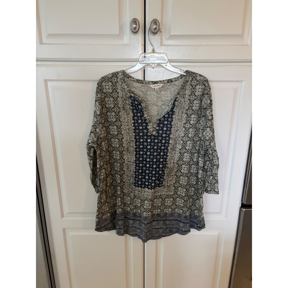 Lucky Brand Women 1X Plus Split Neck 3/4 Sleeve Geometric Tile Print Knit Top